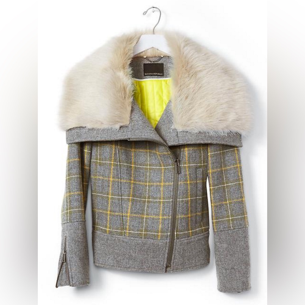 Banana Republic Plaid Moto Jacket Nwt Faux-Fur Collar Women’s Small Pea Coat